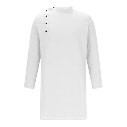 Mens Kaftan Thobe Long Sleeve Stand Collar Side Button Robe Gown Casual Loose Split Cotton Linen Muslim Shirts Top - color: White, size: 3X-Large