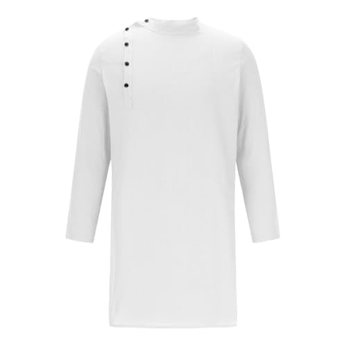 Mens Kaftan Thobe Long Sleeve Stand Collar Side Button Robe Gown Casual Loose Split Cotton Linen Muslim Shirts Top - color: White, size: XX-Large