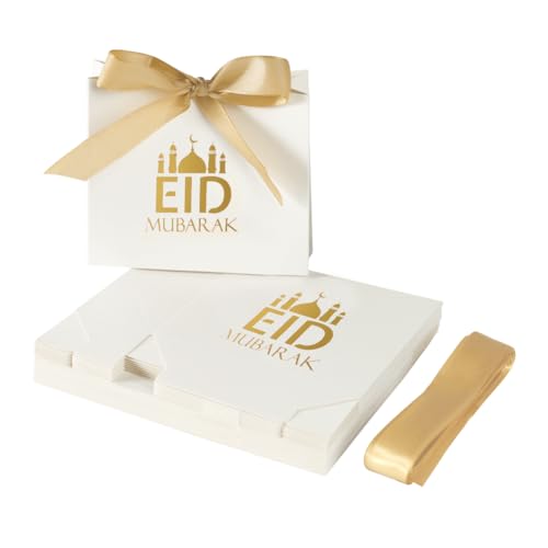 20 Pack Eid Party Favor Box, Eid Moon Candy Box, Ramadan Mubarak Party Goodie Box, DIY Eid Treat Paper Box with Ribbon Bow, Islam Muslim Wedding Festival Candy Box, Chocolate Cookie Souvenir Boxes for Eid Party Supplies Gold Castle Goodie Present Bag - co