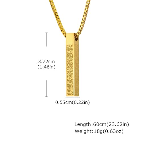 Ayatul Kursi Vertical Pendant Necklace Stainless Steel 3D Bar Allah Necklace for Men Women Islamic Quran Prayer Talisman Islamic Jewelry Islam Eid Ramadan Gift - color: Gold 3D bar necklace