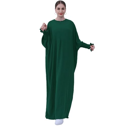 khalat Womens Muslim Prayer Dress Front Zipper Kaftan Islamic Robe Modest Solid Abayas for Women Muslim - color: Dark Green