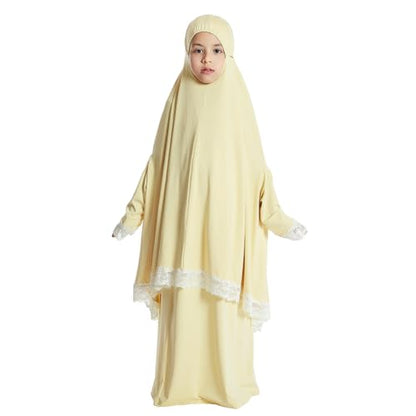 Kids Girls Abaya Muslim Full Cover Lace Hijab Dress Kaftan Dubai Islamic Prayer Dress, 2pcs Set - color: Cream Yellow, size: 7-8 Years