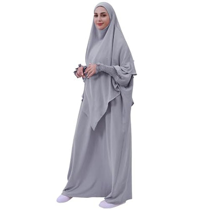 khalat Womens Muslim Prayer Dress Front Zipper Kaftan Islamic Robe Modest Solid Abayas for Women Muslim - color: Light Gray+hijab