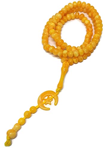 Islam Prayer Tasbih 99 Beads AMN-303 Muslim 8 mm. Rosary Bead Moon Star Decorated Tassels Haj Eid Ramadan Gift (Yellow) - color: Yellow
