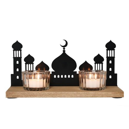 Wooden Ramadan Decorations for Home, Mosque Candle Holder with 2 Glass Tealight Votive Holders, Eid Mubarak Table Decor Centerpiece, Islamic Gifts for Ramadan Kareem, Muslim Home Decor