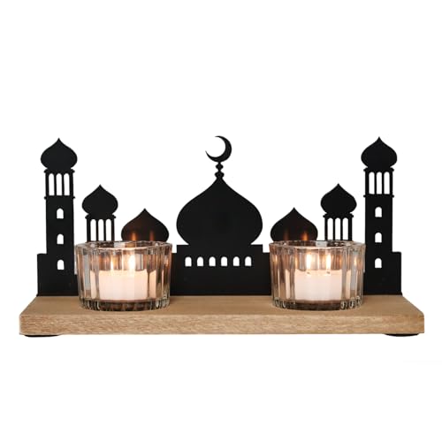 Wooden Ramadan Decorations for Home, Mosque Candle Holder with 2 Glass Tealight Votive Holders, Eid Mubarak Table Decor Centerpiece, Islamic Gifts for Ramadan Kareem, Muslim Home Decor