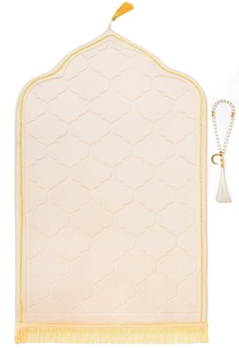 Muslim Prayer Rug with Tasbih Prayer Beads, Soft Memory Foam Prayer Matt Islam, Padded Islamic Prayer Mat Thick for Men and Women, Janamaz, Sajadah (25.6" x 43.3", Beige) - color: Beige