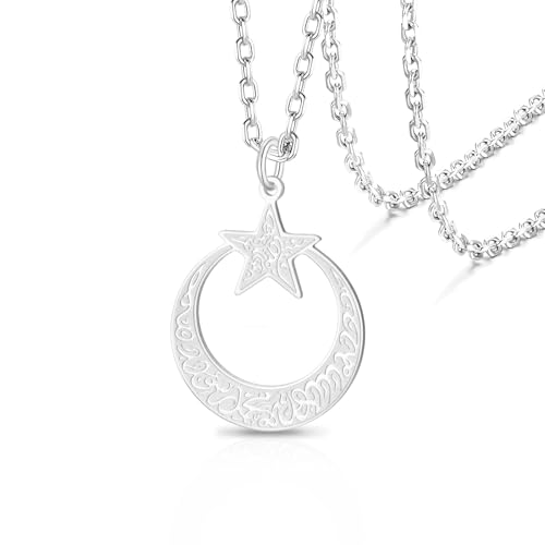 VASSAGO Islamic Ayatul Kursi Necklace Crescent Moon and Star Pendant - color: Silver