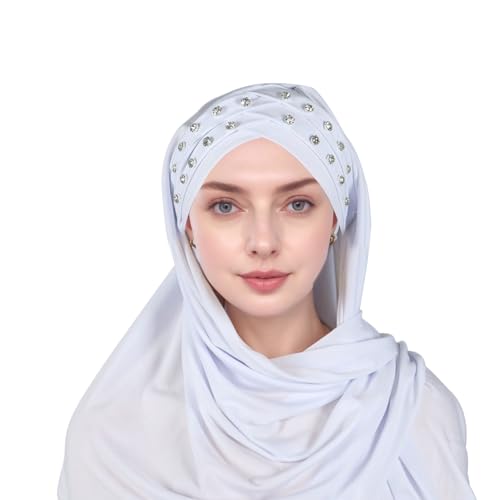 Muslim Head Scarf for Women Crystal Linen Rhinestone Cross Strap Turban Wrap Cap Elegant Breathable Sparkly Hijab - color: 10#_white