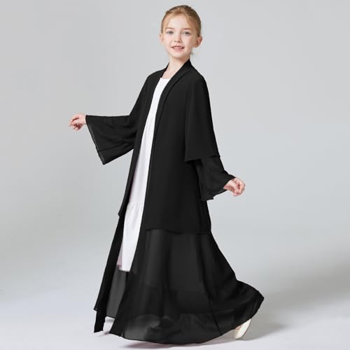 Kids Abaya Dress for Girls Muslim Dress with Hijab Chiffon Layered Open Front Cardigan Ramadan Eid Kaftans Dubai Outfit - color: Black, size: 9-10 Years