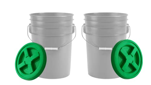 6 Gallon Food Grade Bucket Pail with Green Air Tight Screw on Lid (Pack of 2) BPA Free Made in USA Container