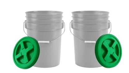 6 Gallon Food Grade Bucket Pail with Green Air Tight Screw on Lid (Pack of 2) BPA Free Made in USA Container
