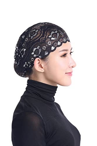 Vpang 5 Pack Womens Muslim Inner Hijab Caps Shiny Lace Head Cover Stretch Beanie Turban Hat Chemo Cap Headwrap Cover - color: Set 1