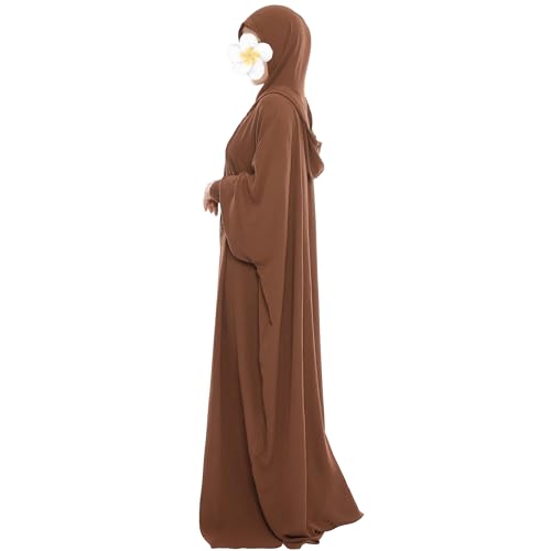 khalat Muslim Prayer Dress Abaya Solid One-Piece Hoodie Abaya Dress for Women Long Maxi Dress Islamic Dubai Jilbab - color: Coffee