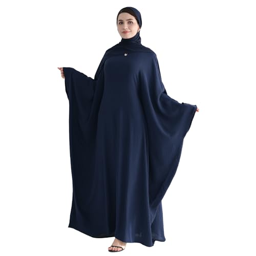 Abaya 무슬림 여성용 드레스 배트윙 슬리브 루즈핏 맥시 겸손한 이슬람 의류 히잡 스카프 포함 기도 드레스 - color: 네이비