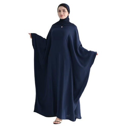 Abaya 무슬림 여성용 드레스 배트윙 슬리브 루즈핏 맥시 겸손한 이슬람 의류 히잡 스카프 포함 기도 드레스 - color: 네이비