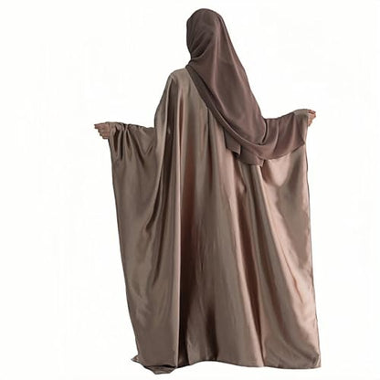 Abaya Muslim Women Dress Satin Batwing Sleeve Kaftan Maxi Arabian Dubai Islamic Ramadan Prayer Dress with Hijab Scarf - color: Brown