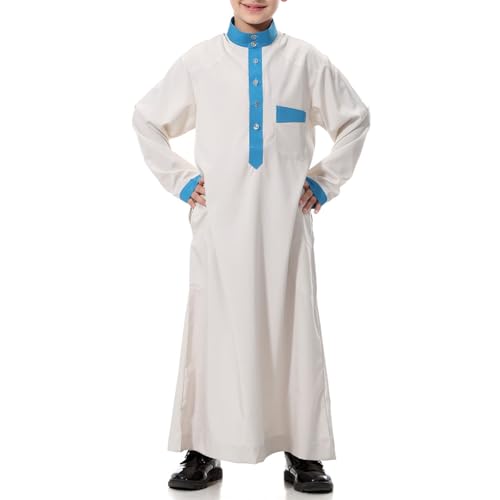 Arabic Thobe for Muslim Boys Eid Outfit Long Sleeve Kaftan Kids Prayer Dress Boys Muslim Thobe Ramadan Islamic Clothing - color: Beige, size: 5-6X
