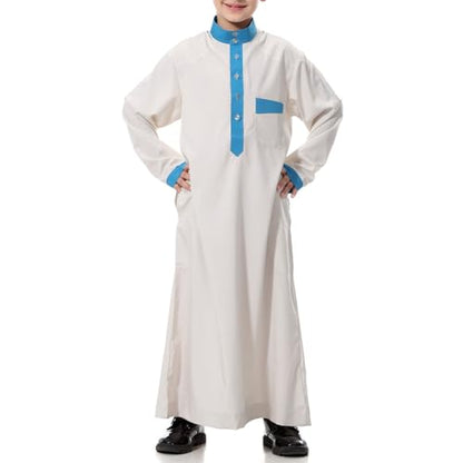 Arabic Thobe for Muslim Boys Eid Outfit Long Sleeve Kaftan Kids Prayer Dress Boys Muslim Thobe Ramadan Islamic Clothing - color: Beige, size: 5-6X