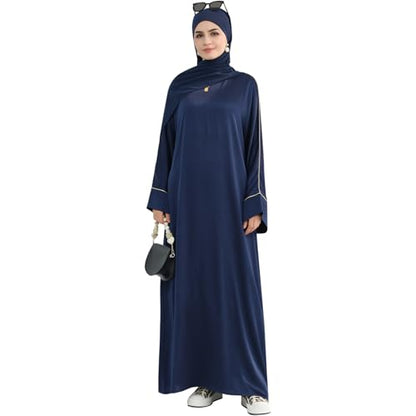 Muslim Praying Dress for Women Silk Glossy Back Zipper Robe Wear Gold Trim Modest Abaya Dress with Hijab - color: Navy, size: X-Large
