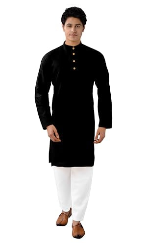 Chandrakala Men's Tunic Cotton Kurta Pajama Set Indian Casual Yoga Dress (MK101) - color: Black-112, size: Medium