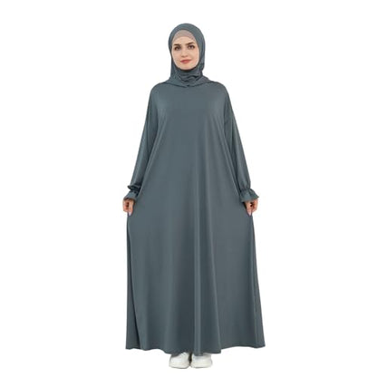 Muslim Hoodie Abaya Islamic Prayer Jilbab Maxi Robe with Inner Cap | Two-layer Cap, Prayer Abaya, Large Style - color: Dark Grey