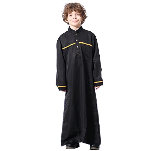 IBTOM CASTLE Robe for Boys Muslim Long Sleeve Thobe Abaya Saudi Arab Kaftan Islamic Zipper Arabic Dubai Dress With Pockets - color: Black - Gold, size: 9-10 Years
