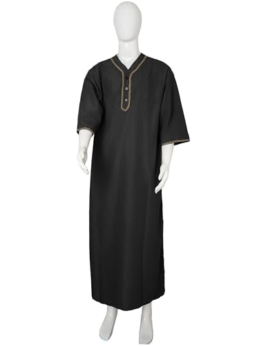 Mens Kaftan Thobe V-Neck Half Sleeve Muslim Robe Dubai Long Gown Saudi Arab Thobe Robes for Summer Beach - color: Black, size: Medium