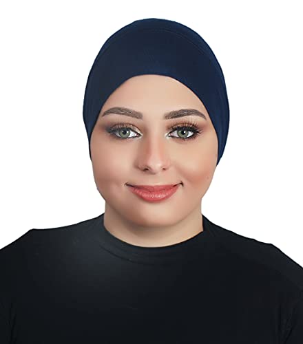 Fashion Cotton Modal Cotton Muslim Hat Elastic Inner Tube Caps Islamic Underscarf Hats Back Open Head Wrap - color: Navy Blue