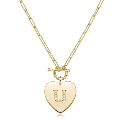 14K Gold Filled Heart Initial Necklace for Women, Dainty Alphabet Pendant Necklace with Paperclip Chain, Hypoallergenic Jewelry Gift for Her - color: Letter U