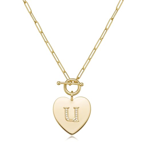 14K Gold Filled Heart Initial Necklace for Women, Dainty Alphabet Pendant Necklace with Paperclip Chain, Hypoallergenic Jewelry Gift for Her - color: Letter U