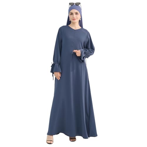 Tie Cuffs Dress Solid Color Abaya for Women Front Zipper Robe with Pocket Daily Islamic Prayer Clothes - color: Blue, size: Large