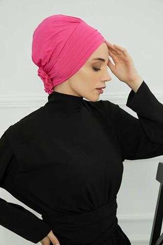 Aisha's Design Instant Turban Head Wraps for Women, Combed Cotton Scarf Lightweight Pre tied Hijab with Back Rose Detail - color: Fuchsia
