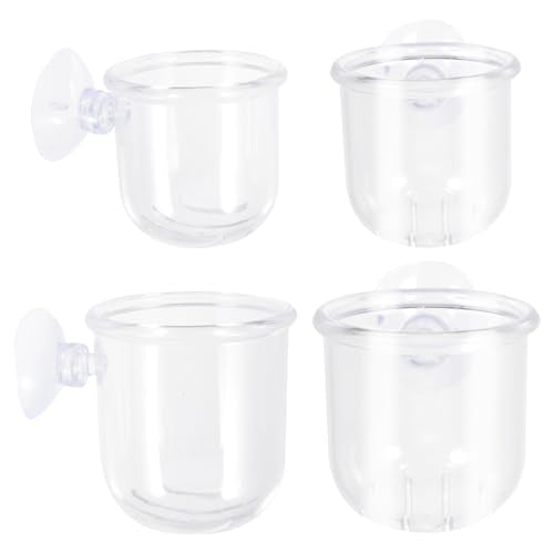 4pcs Acrylic Fish Feeder Cups with Suction for Aquarium Tank, Small and Large Size Feeding Bowls, Filter Hollow Design Fish Food Container for Aquarium Accessories