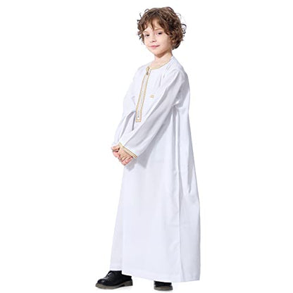 IDOPIP Muslim Boys Thobe for Kids Islamic Arabic Middle East Loose Kaftan Robes Long Zipper Prayer Thobes Dress with Pockets - color: White - Zipper, size: 11-12 Years