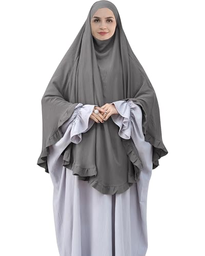 Muslim Prayer Hijab Solid Color Ruffled Head Scarf Women Islamic Head Cover Khimar - color: Dark Grey