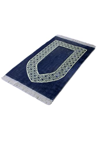 ihvan online Luxury Velvet Muslim Prayer Rug, Janamaz, Thick Soft Sajadah, Portable Travel Prayer Carpet Mat, Islamic Gift for Eid, Ramadan, Hajj & Umrah, Navy Blue - color: Navy Blue