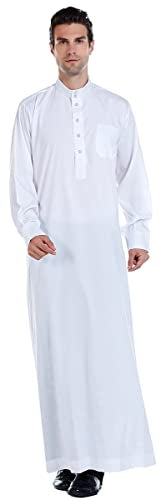 New Solid Color Robe Kaftan for Men, Thobe Long Gown Saudi Arabia Dubai Muslim Clothes Stand Collar Shirt - color: White, size: 3X-Large