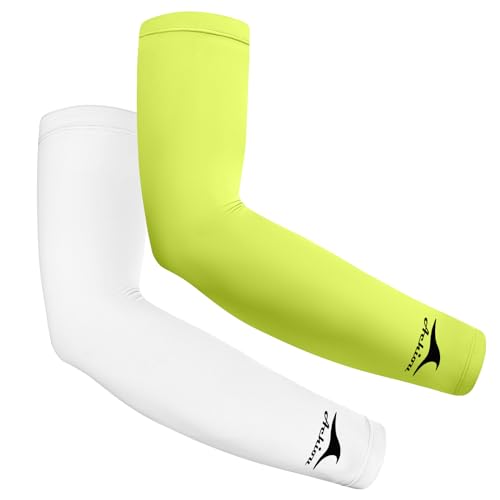 Achiou Cooling Ice Silk Arm Sleeves, Summer UV Sun Protection Compression Sleeves UPF 50+ for Women Volleyball Youth Sports - color: 2 Pairs: 1pair White,1 Pair Fluorescent Yellow