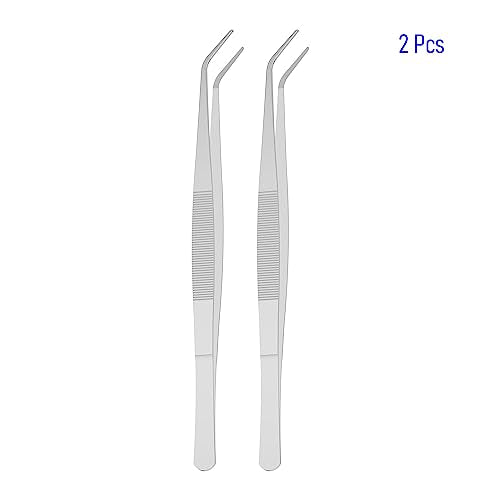 2 PCS 5" Stainless Steel Tweezers, Curved Pointed, 3/64" Thick | Serrated Tip, Perfectly Aligned, Multipurpose Daily Garden Home Lab Craft Repairing Tool