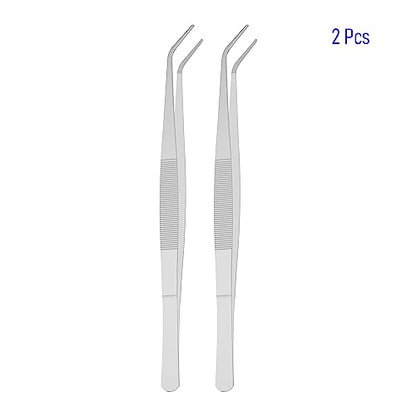 2 PCS 5" Stainless Steel Tweezers, Curved Pointed, 3/64" Thick | Serrated Tip, Perfectly Aligned, Multipurpose Daily Garden Home Lab Craft Repairing Tool