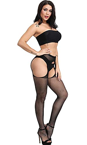 E-Laurels Womens High Waist Patterned Fishnet Tights Suspenders Pantyhose Thigh High Stockings Black - color: Black A6
