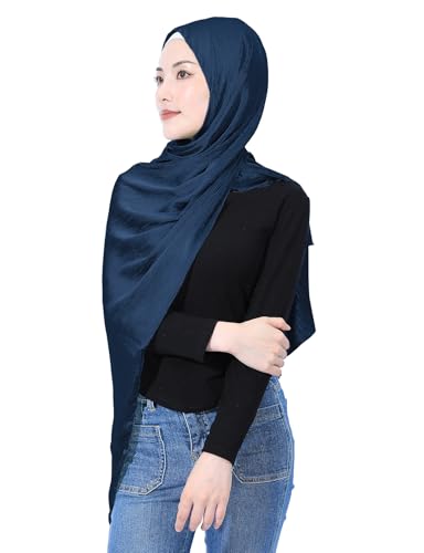 Luxury Silky Satin Hijab for Women, Shimmer Crinkle Muslim Head Scarf, Graceful Feminine Charm - color: Navy Blue