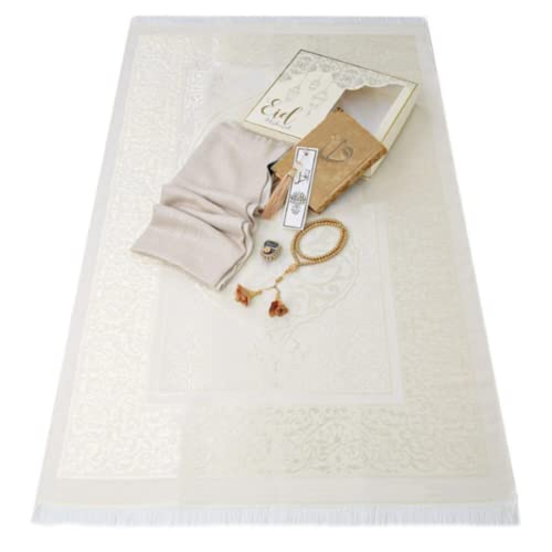 VOGUEHOMEDECOR Eid Mubarak Gift Box For Women, Eid Favor Set | Quran, Shawl, Prayer Rug, Misbaha, Bookmark Islamic Gift Set For Her | Muslim Eid Gift Set (White)