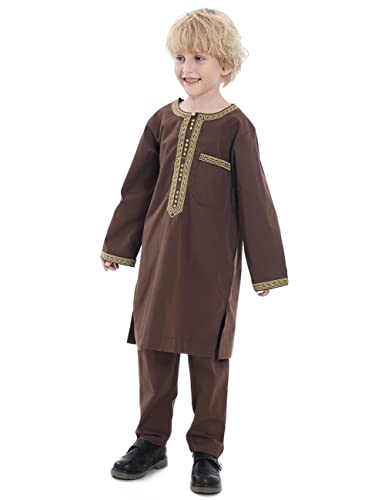 Boy's Muslim Clothing Kaftan Set - Middle East Youth Embroidered Robe Suit Round Neck Islamic Dress Arabic Wear - color: Brown, size: 9