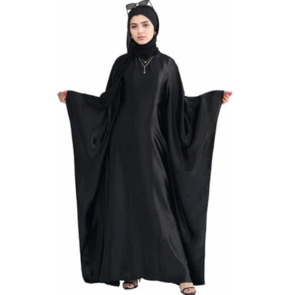 Muslim Dress Women Abaya Elegant Satin Prayer Dress Batwing Long Sleeve with Hijab Arab Islamic Dubai Ramadan Robe - color: Black