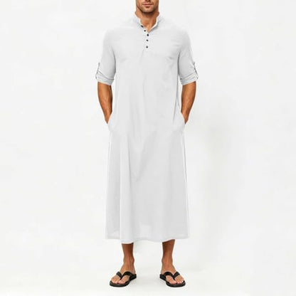 Men's Linen Kaftan Robe Button Down Long Sleeve Henley Collar Cotton Thobe Casual Loose Fit Stylish Gown Shirts - color: White, size: 3X-Large