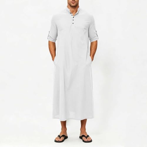 Men's Linen Kaftan Robe Button Down Long Sleeve Henley Collar Cotton Thobe Casual Loose Fit Stylish Gown Shirts - color: White, size: Medium