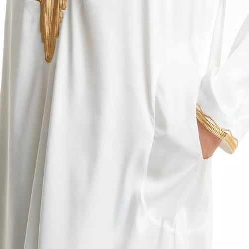 Men's Ankle-Length Thobe With Round Neck And Intricate Gold Embroidery - color: White and Gold, size: 3X-Large