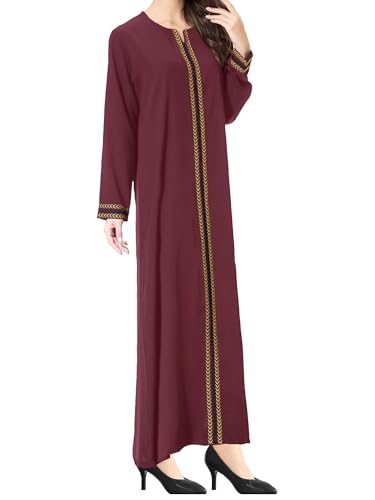WSPLYSPJY Embroidered Abaya Muslim Dresses for Women Prayer Robe - color: Wine Red, size: Large
